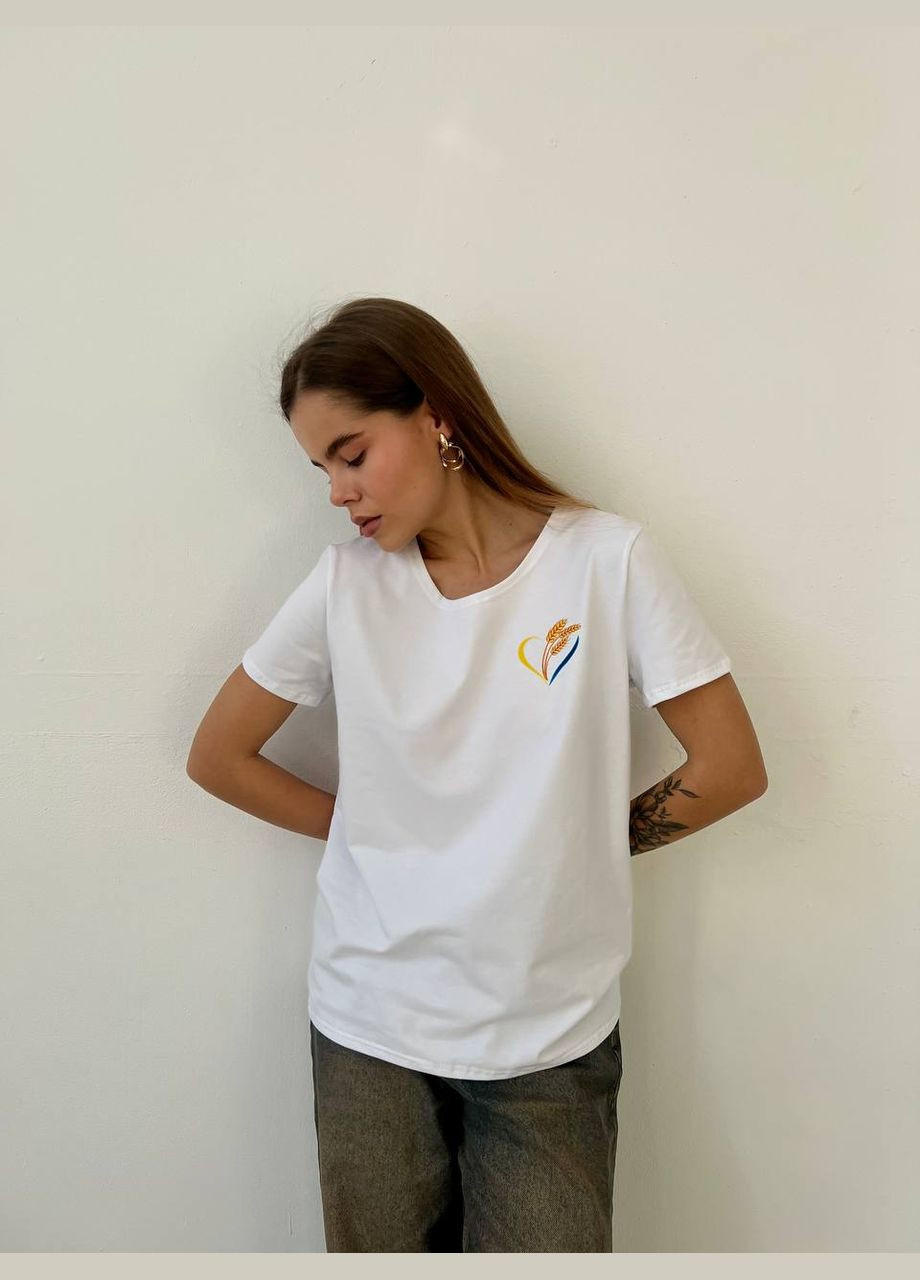 Біла всесезон шикарна якісна біла футболка onesize з вишивкою колосків, гарна патріотична футболка з турецької куліри бавовни. No Brand 519