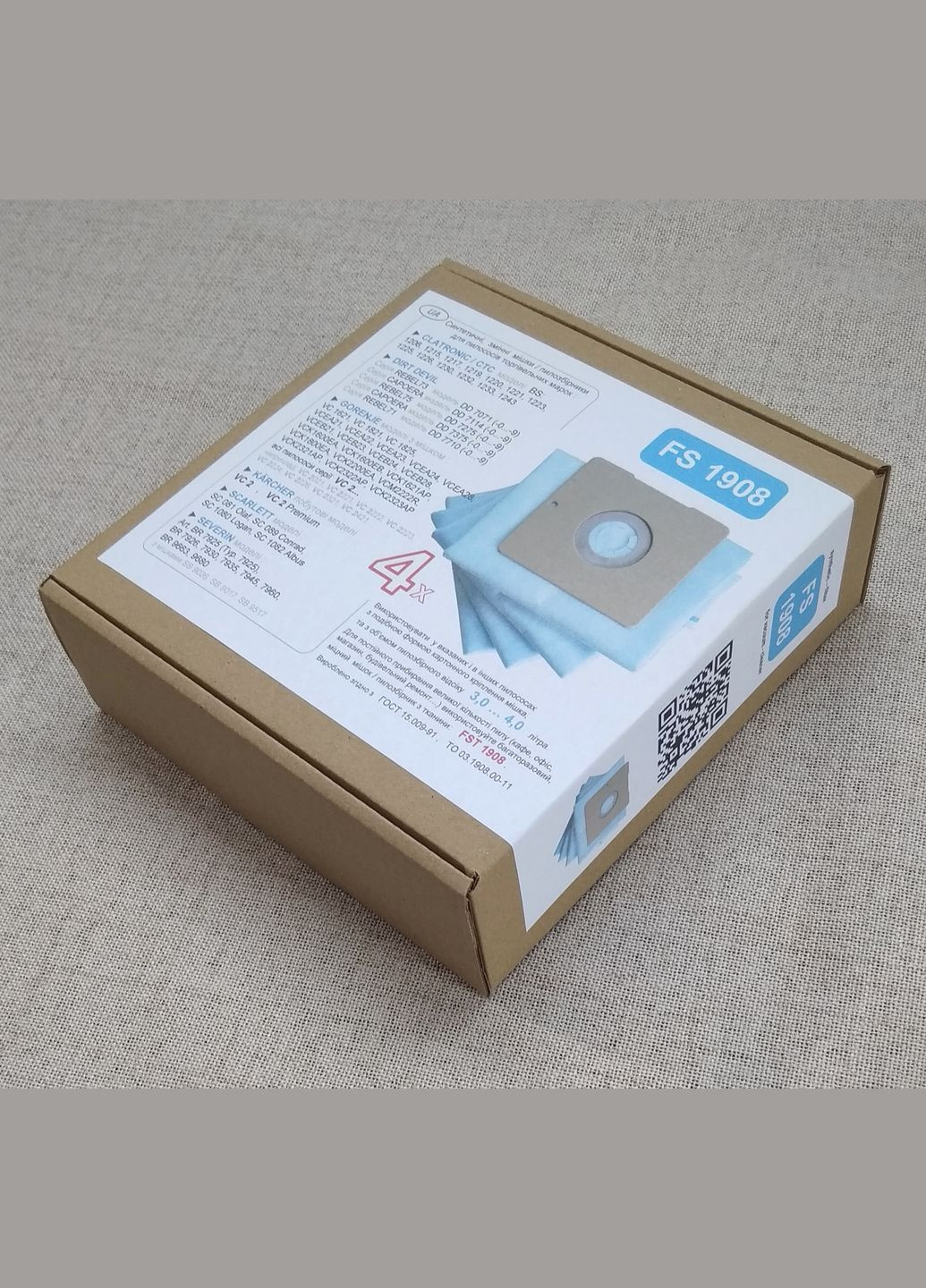 Одноразові мішки FS 1908 (4 шт. в упаковці) для пилососа CLATRONIC, DIRT DEVIL, ETA, GORENJE, KARCHER, ZELMER. Filter Systems FS1908 (334303428)