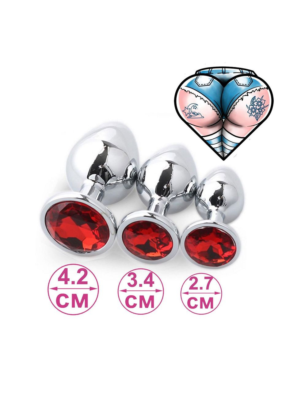 Набор металлических анальных пробок с красным камнем комплект 3 анальные пробки China (317747396)