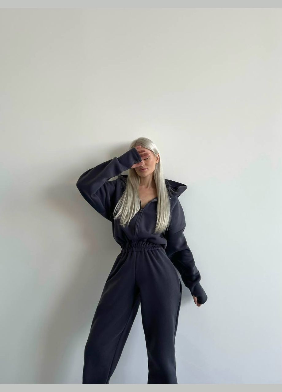 Однотонний демісезонний комбінезон із тринитки на флісі з капюшоном, комбінезон сірого кольору No Brand 828-4 однотонний сірий