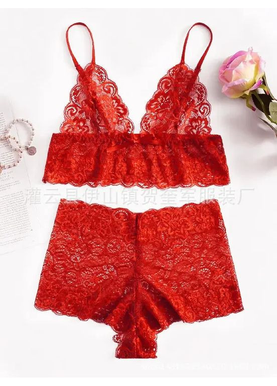 Червоний демісезонний гіпюровий мереживний комплект спідньої білизни для сексу. жіноча спідня білизна прозора зі спандексу, прикрашена фіолетовою, 2xl China