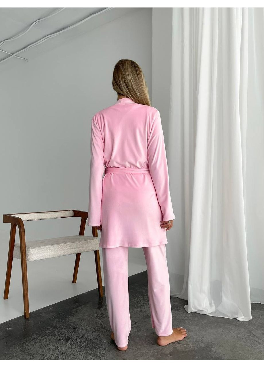 Рожевий демісезонний комплект жіночий домашня піжама трійка трикотаж велюр:халат,штани та майка Україна