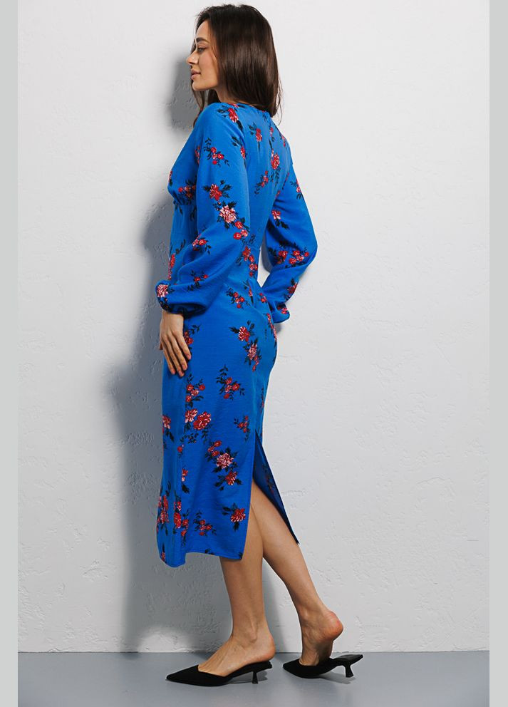 Синее платье миди с длинными рукавами синее в цветочек Arjen