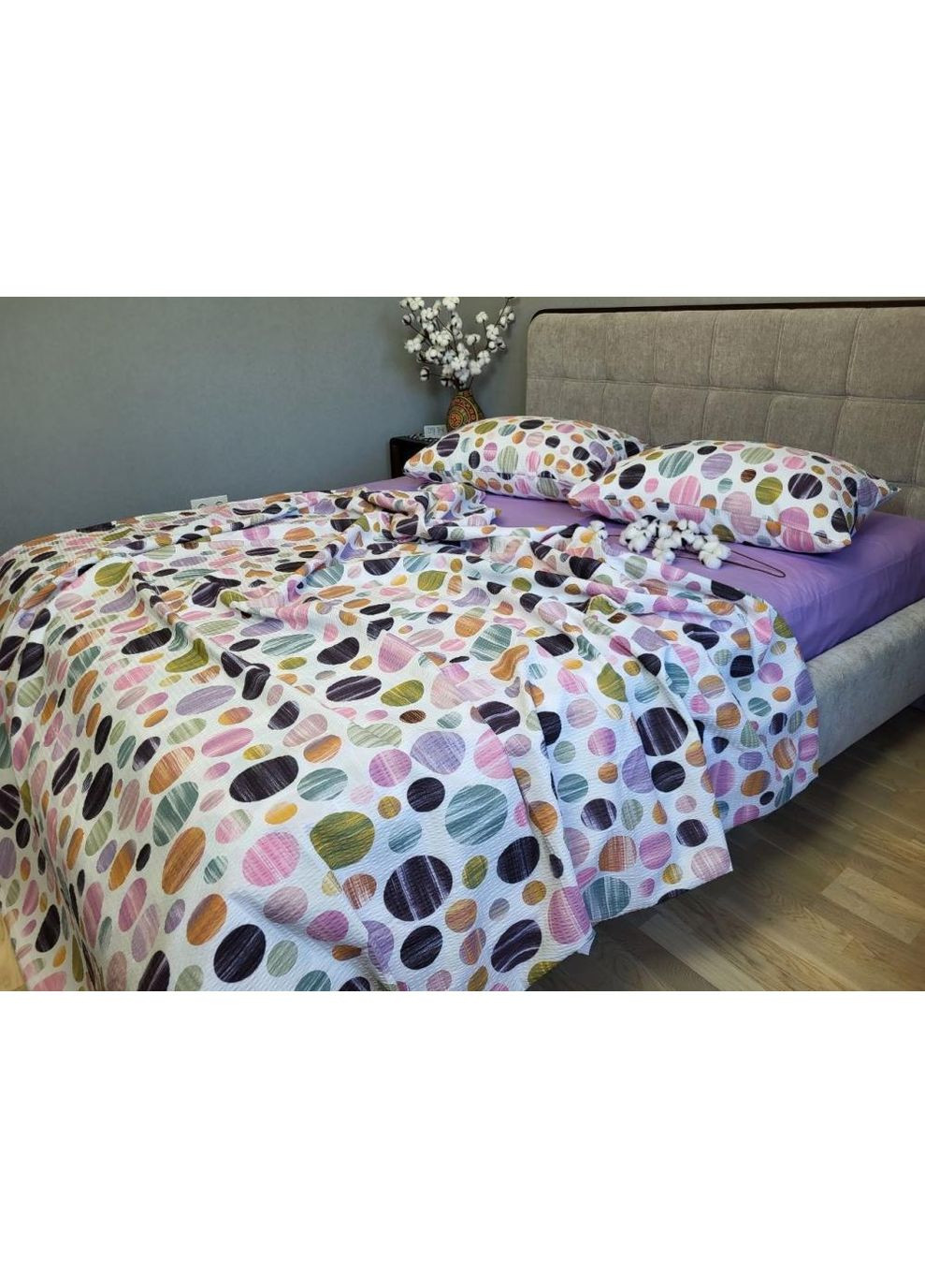 Постільна білизна з резинкою Карамелька фіолет., ранфорс гофра (жатка) Двухспальний розмір, наволочки 50/70 No Brand (364213268)