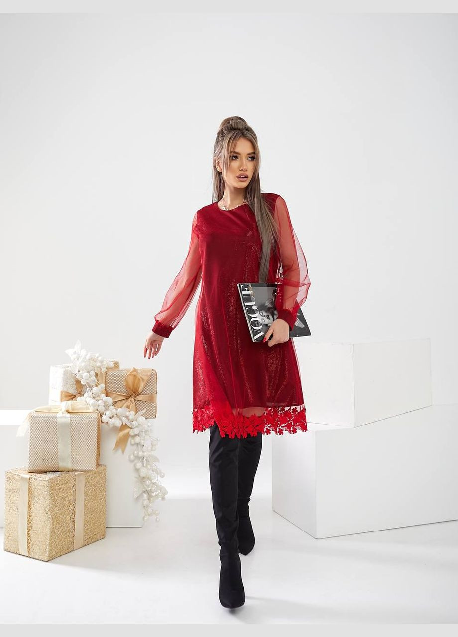 Бордовое праздничный, кэжуал, коктейльное, вечернее стильное платье с цветочным кружевом No Brand с цветочным принтом