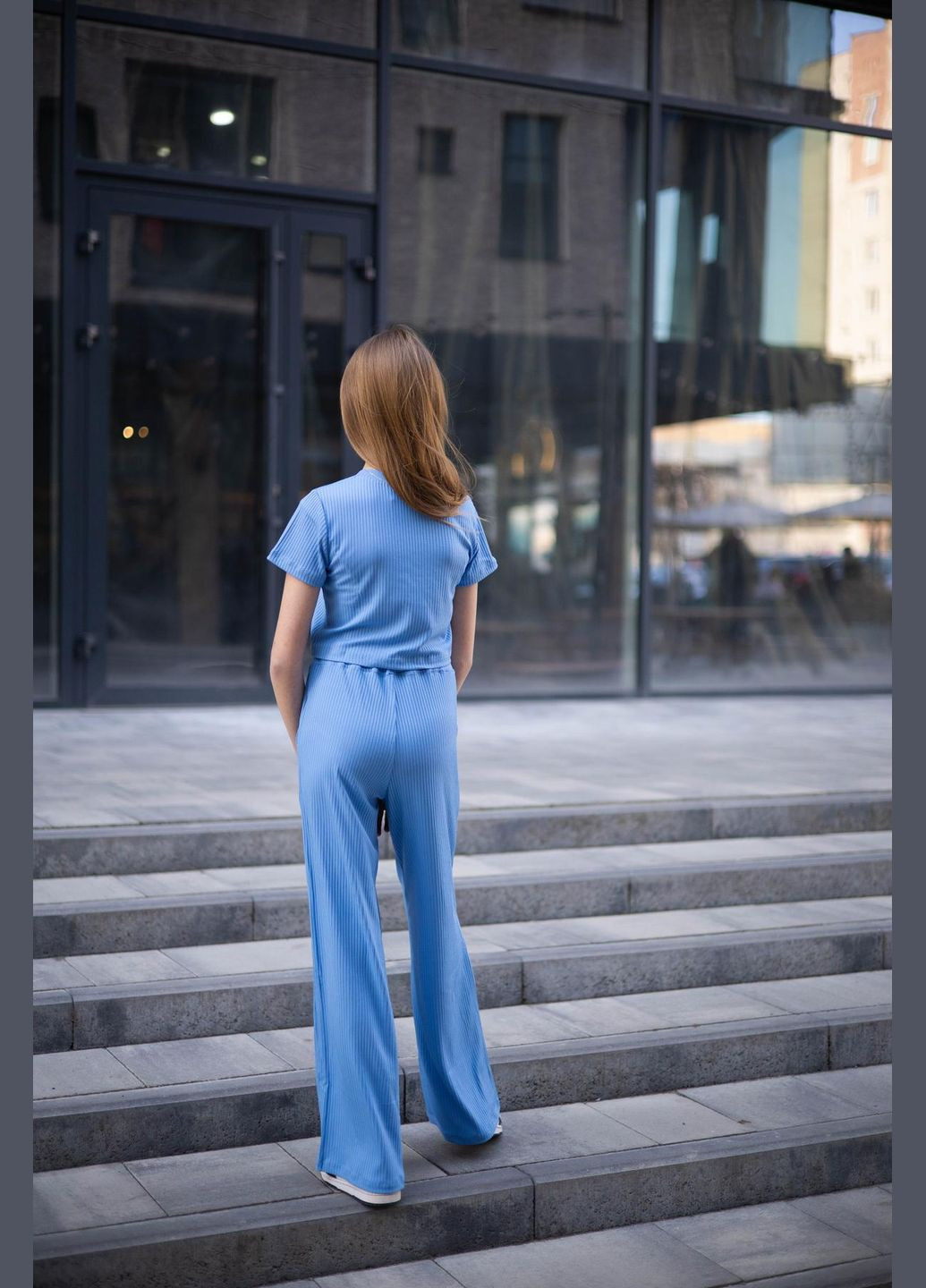 Блакитний літній к-м рубчик "палаццо+топ" брючний IRmAS