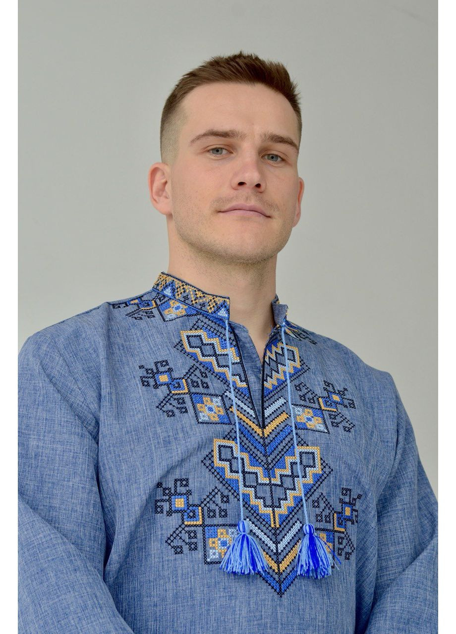 Синяя мужская вышиванка в цвете джинс. узор орнамент прямой, свободная габардин (353390246)