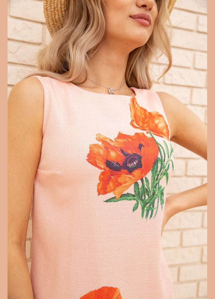 Персиковое короткое платье из льна с цветами маки Ager