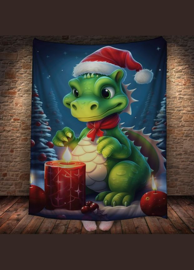 Плед з 3D принтом Різдвяний Дракончик зі свічками в шапці Санта Клауса, Рік Дракона _044 Перша Креативна мануфактура PERFECTUS Плед (301868973)