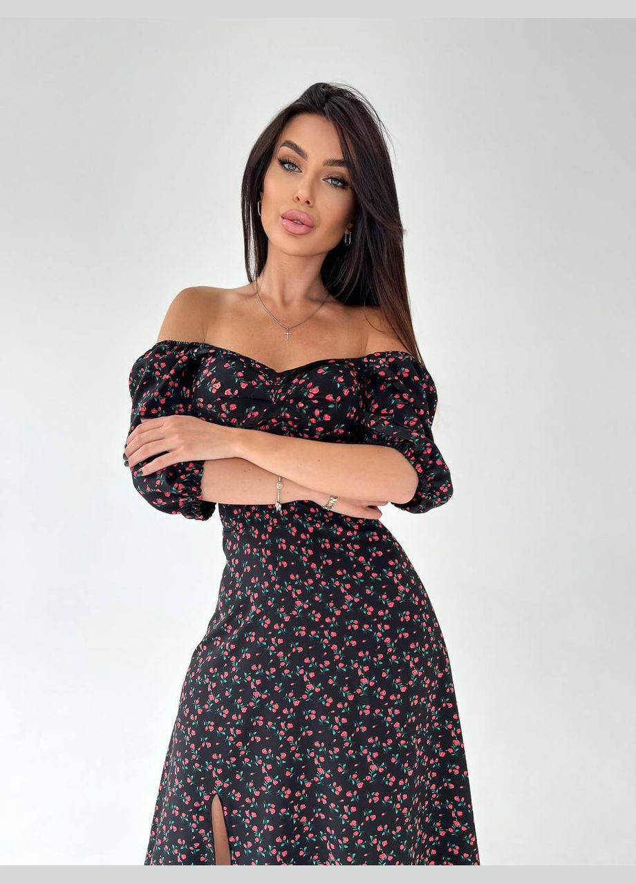 Черное кэжуал легкое женское меди платье Adelante с цветочным принтом