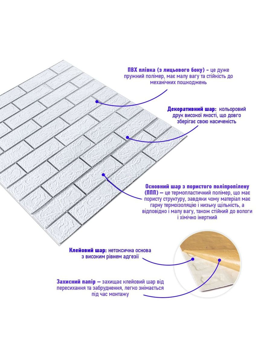 Самоклеюча 3D панель цегла біла смужка срібло 700х770х3мм (100-3) SW-00000752 Sticker Wall (298284174)