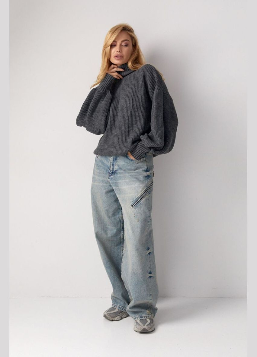 Темно-сірий зимовий жіночий трикотажний светр з рукавами-ліхтариками 221047 Lurex