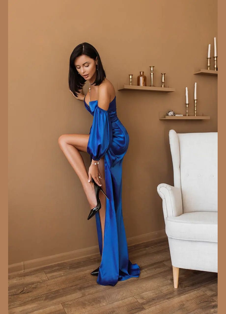 Синее праздничный, коктейльное, вечернее вечернее платье белое длинное рыбка платья вечерние на выпускной в пол праздничное с разрезом на ноге с открытой спиной, с открытыми плечами, со шлейфом Viki