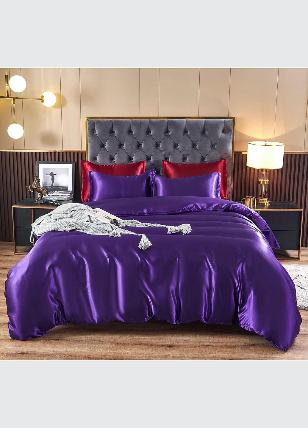 Атласное Фиолетовое постельное белье 200х220см и Дополнительный Бордовый евро пододеяльник Moka textile (308071695)