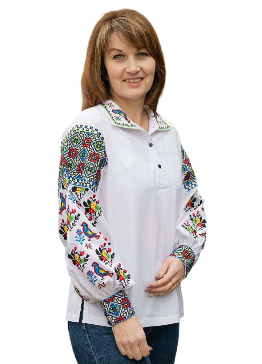 Белая женская блузка с вышивкой орнамент с голубями белая. Україна