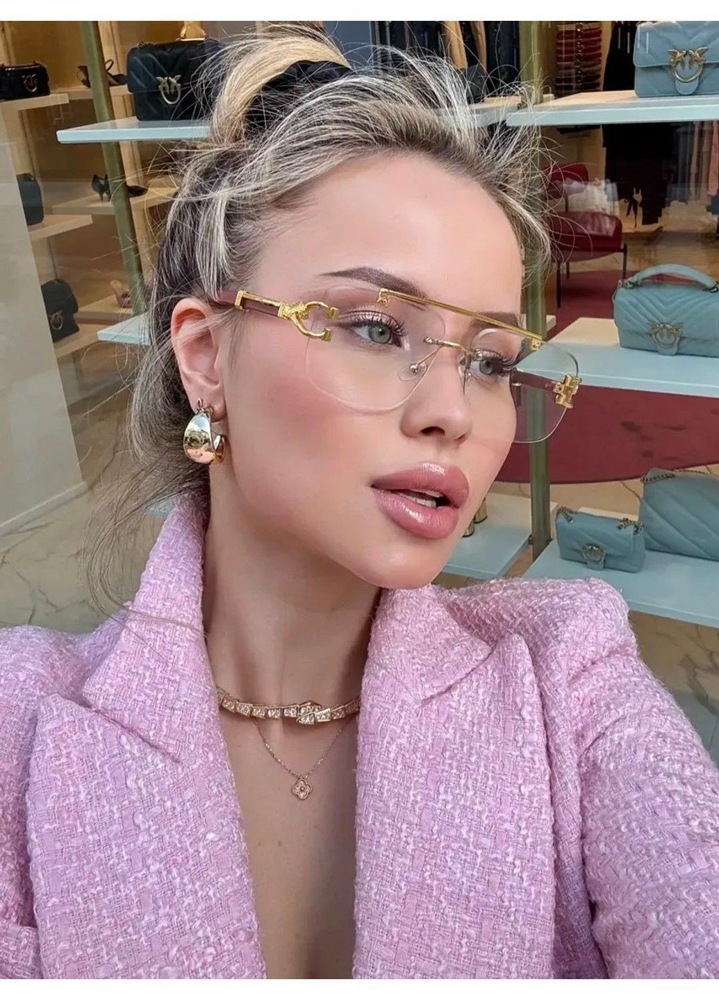 Сонцезахисні окуляри квадратні Panthère без оправи з дерев'яною текстурою іміджеві прозорі No Brand (362026464)