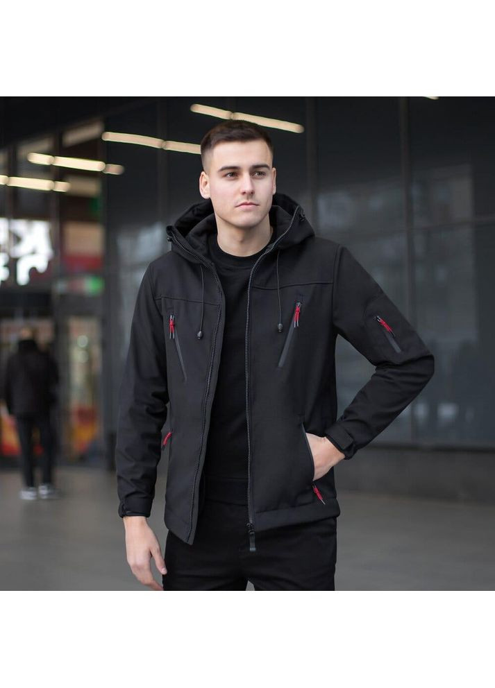Чорна демісезонна чоловіча куртка soft shell на мікрофлісі Vakko