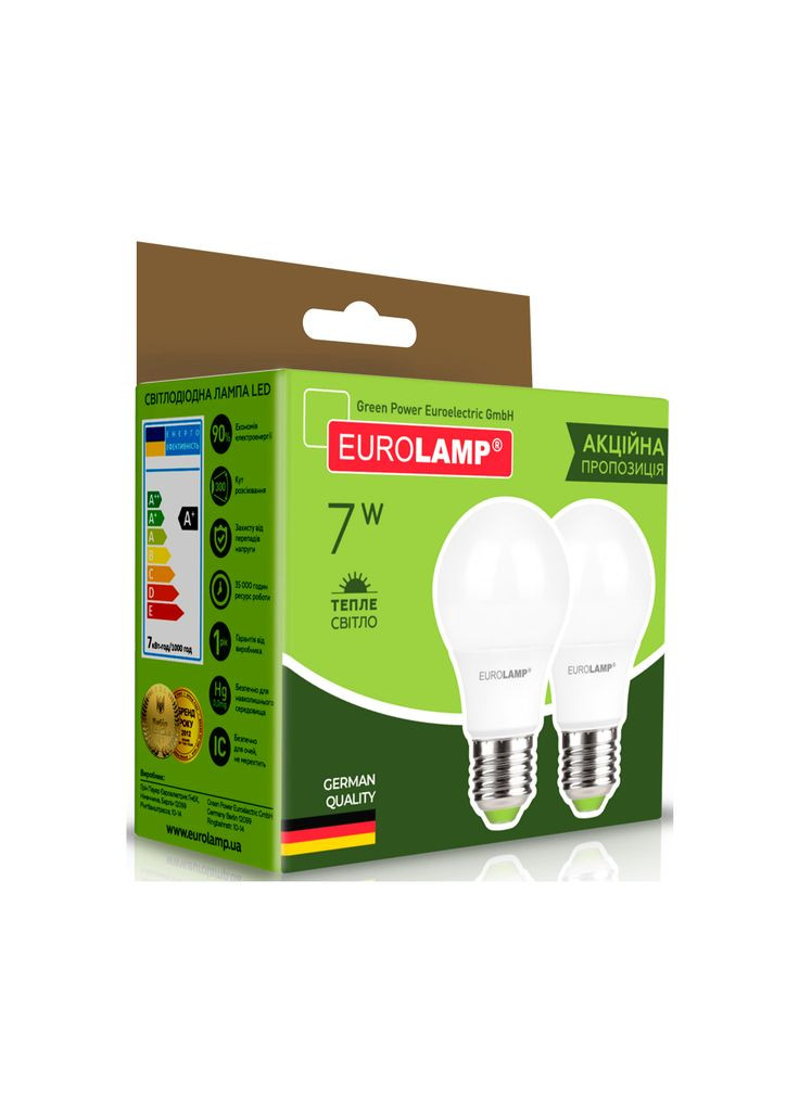 Лампочка LED A60 7W E27 3000K 220V акция 1+1 (MLP-LED-A60-07272(E)) Eurolamp (391121269)