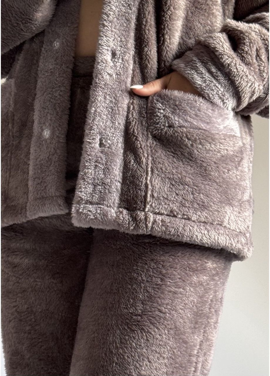 Серо-коричневая зимняя теплый костюм тедди согревающий в шоколадном цвете кофта + брюки No Brand