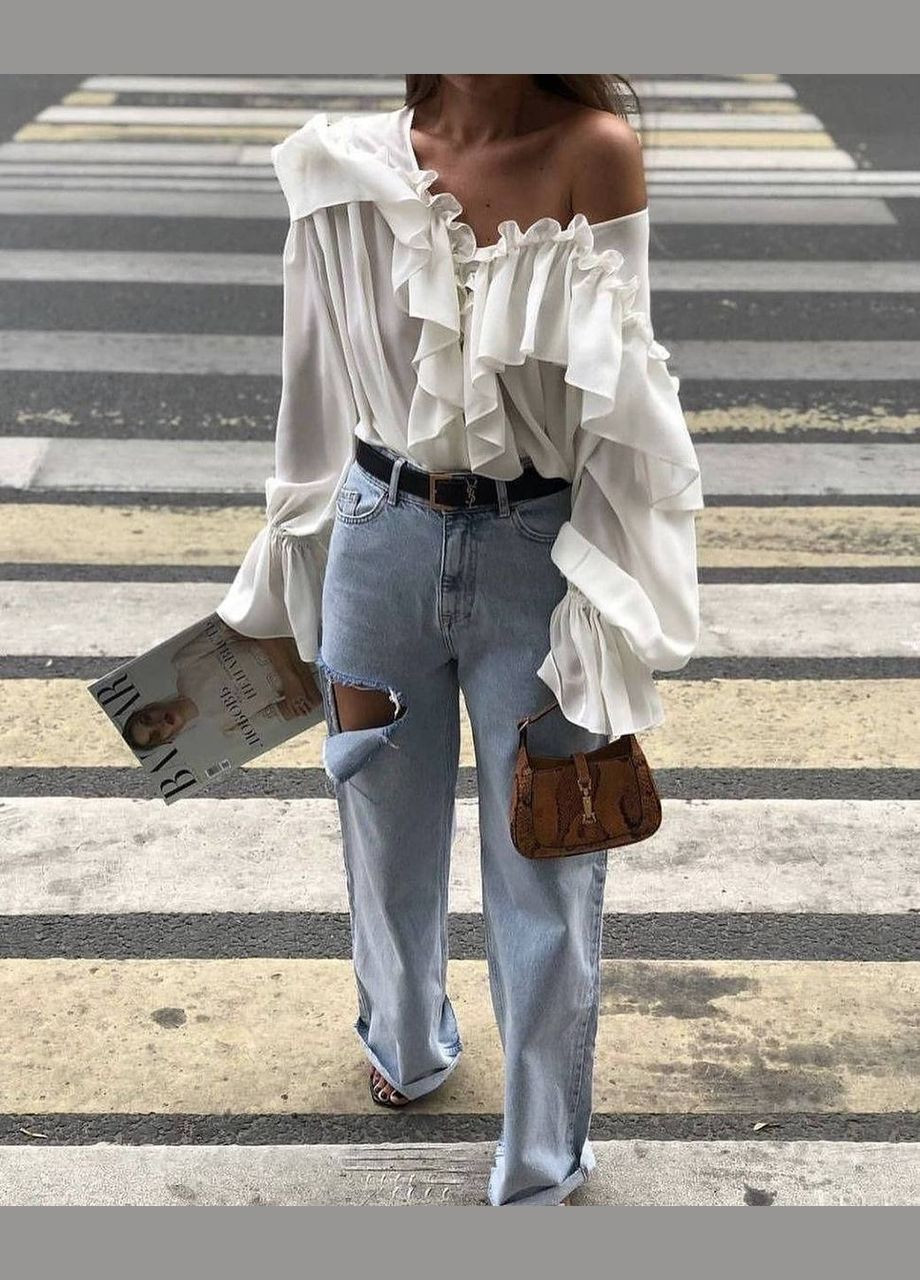 Молочная праздничный, коктейльный, классическая, откровенный, повседневный, кэжуал, джинсовая, вечерний рубашка однотонная No Brand с длинным рукавом