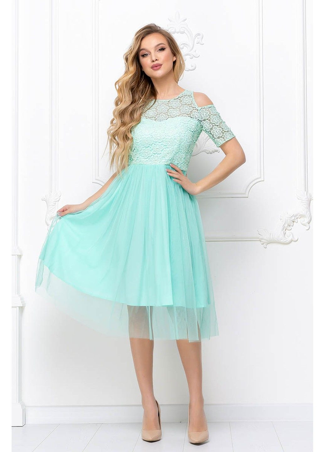 Бирюзовое коктейльное платье гипюр сетка 8064 мятное Tanita-Romario