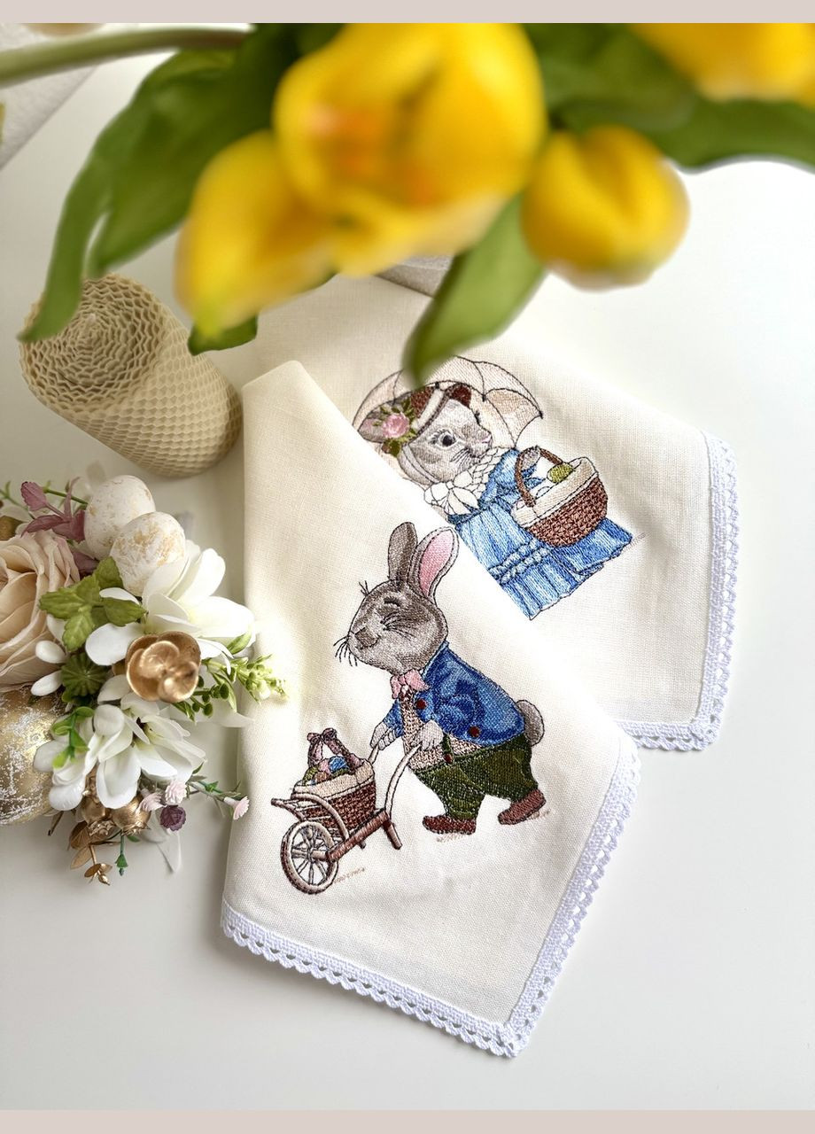 Великодня лляна серветка з вишивкою пасхальний рушник на кошик TobiSobi з кроликом TS00008-1 Figasse (333023835)
