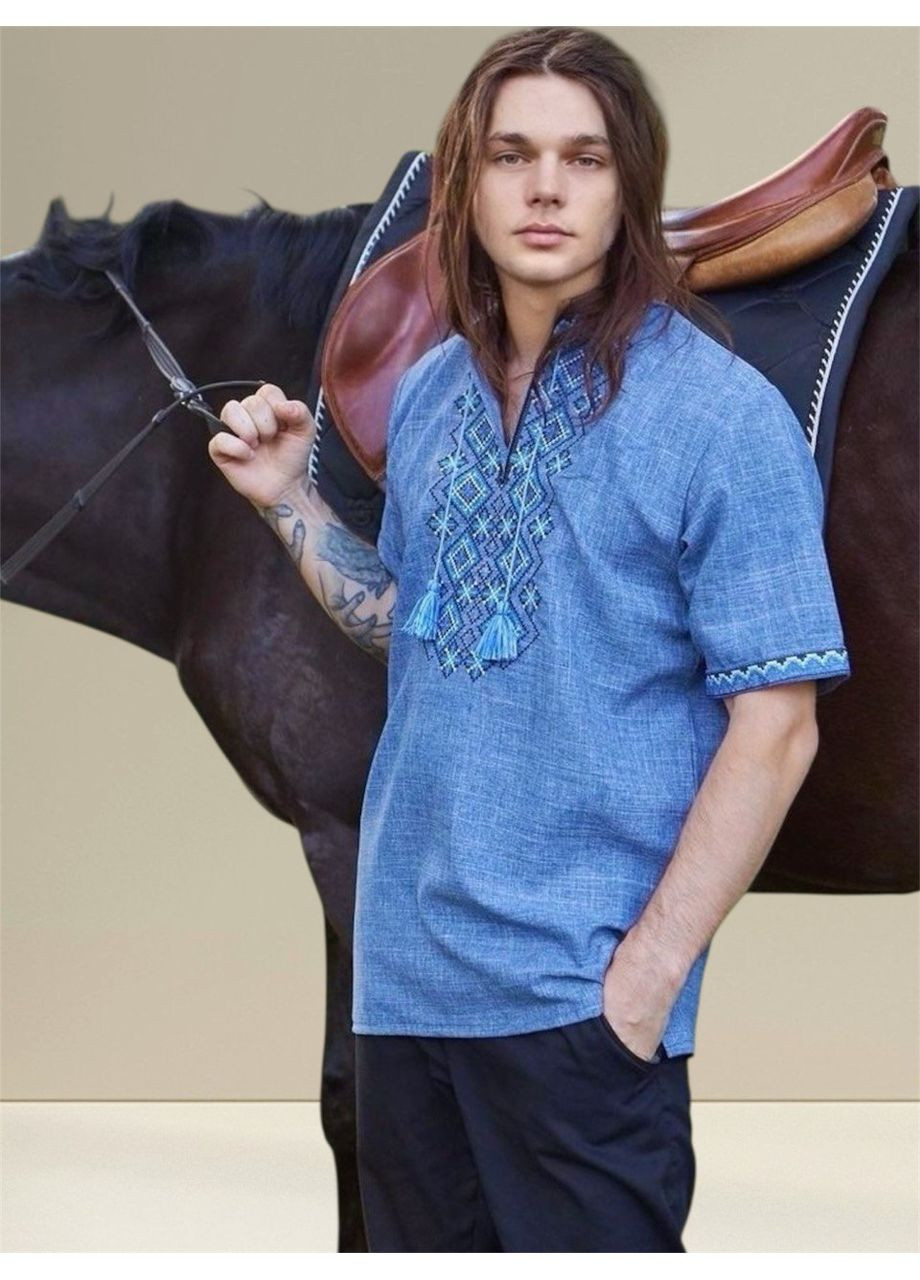 Синяя рубашка с вышивкой в джинсовом стиле с коротким рукавом узор геометрический прямой, свободная габардин (354307037)