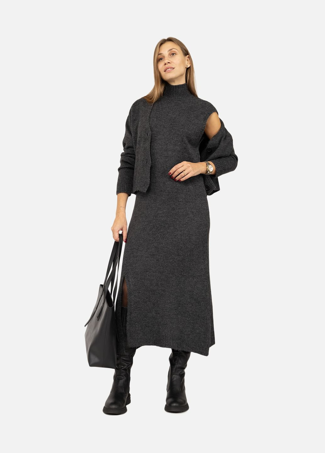 Темно-серое женский комплект платье и кардиган цвет темно-серый cb-00262651 New Level