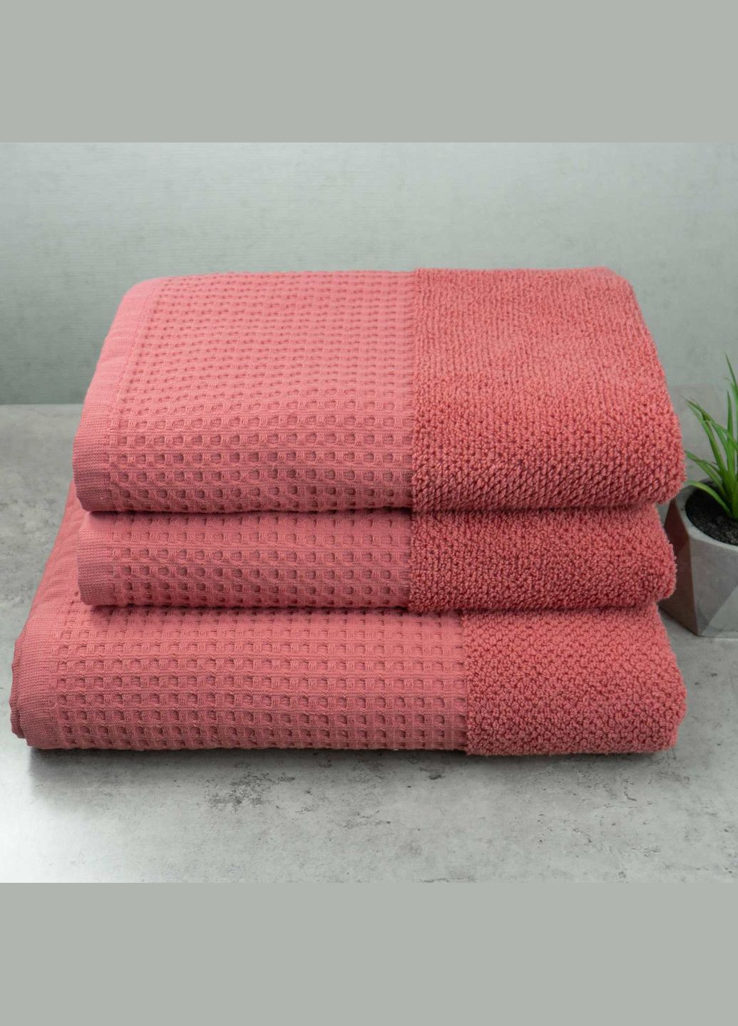 Комплект махровых полотенец Вафельный Бордюр 3шт 50х90см, 50х90см, 70х140см 500г/м2 ( ) GM Textile розовый