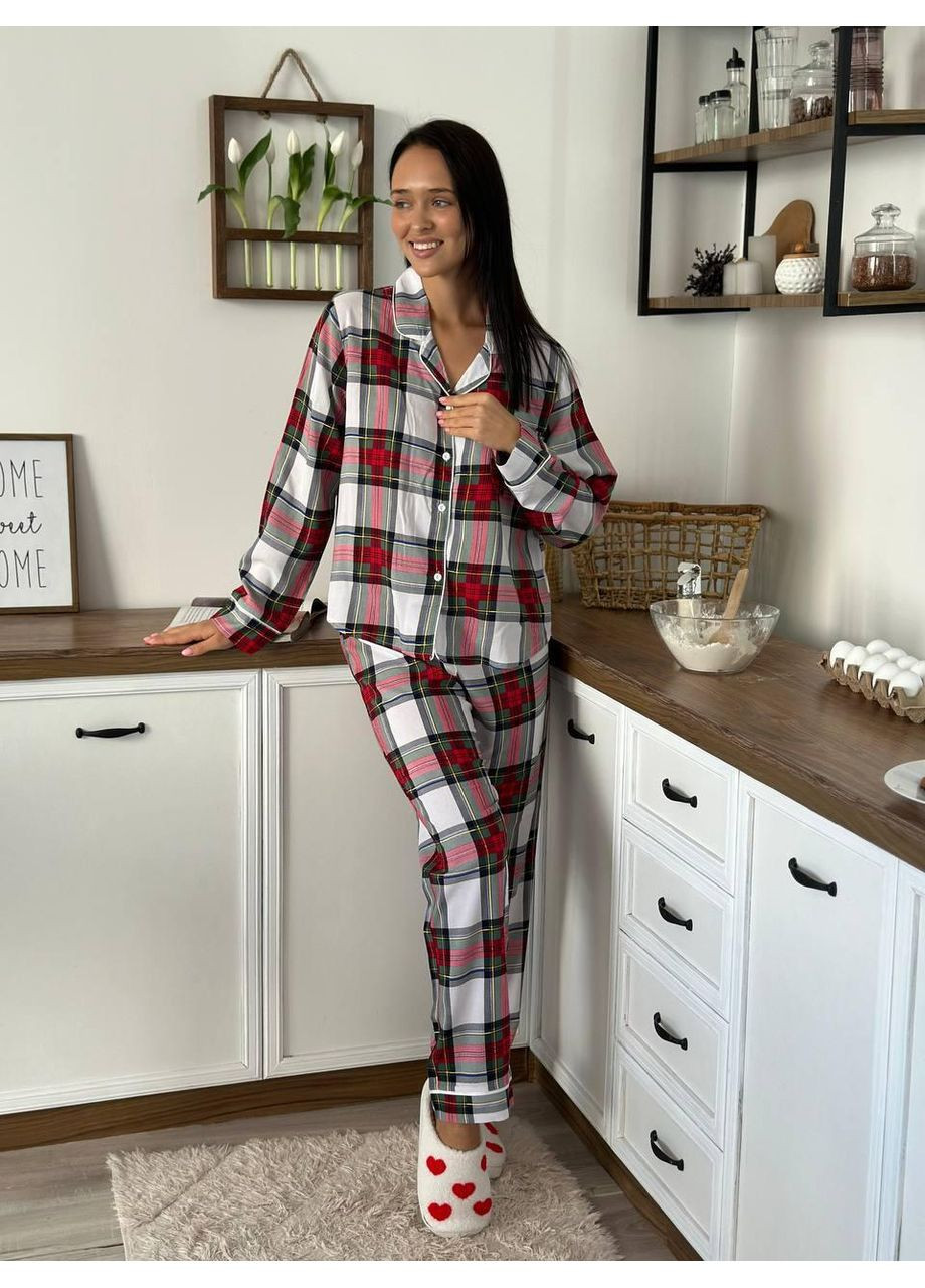 Комбінована жіноча піжама з віскози у клітинку / жіноча піжама віскозна з довгим рукавом / жіноча піжама у клітинку з віскозної тканини No Brand