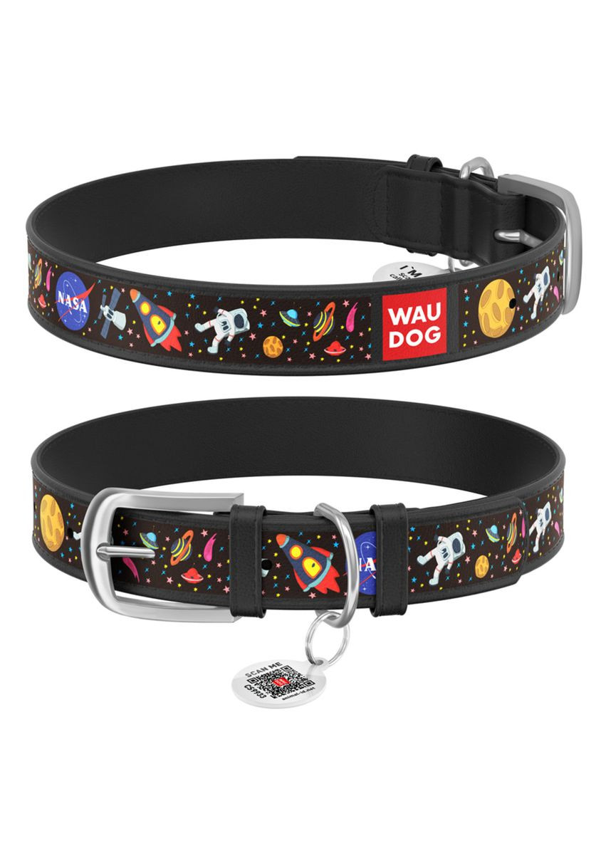 Нашийник для собак шкіряний Design з "NASA" Ш 25 мм Д 38-49 см Чорний WAUDOG (279569031)