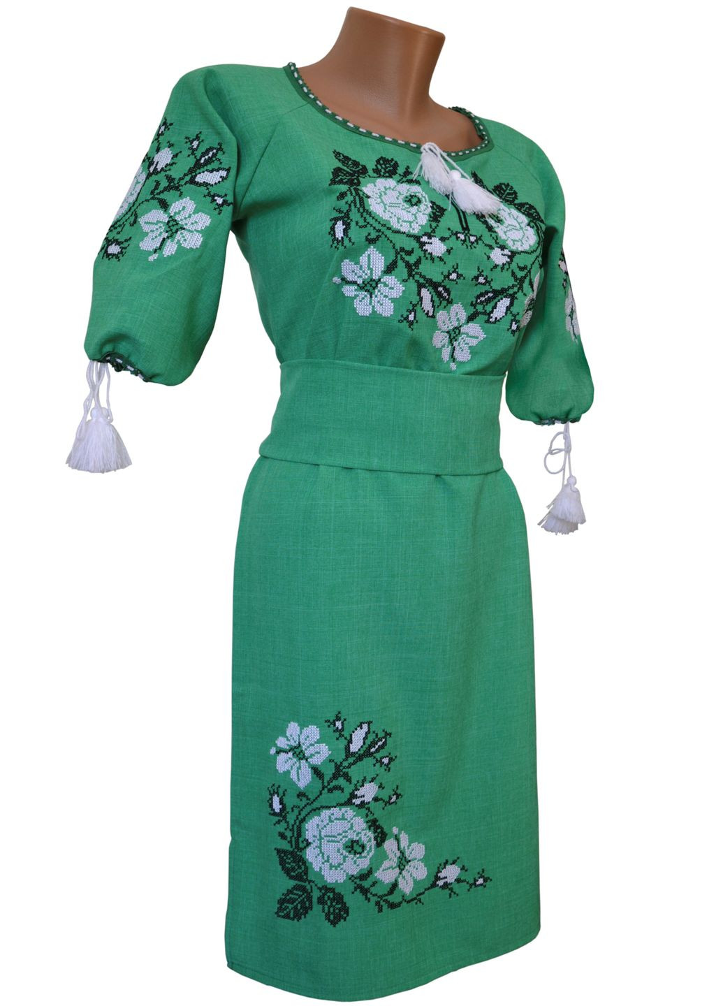 Зелёная женское вышитое платье розы зеленое НоКо узор цветочный габардин (306741146)