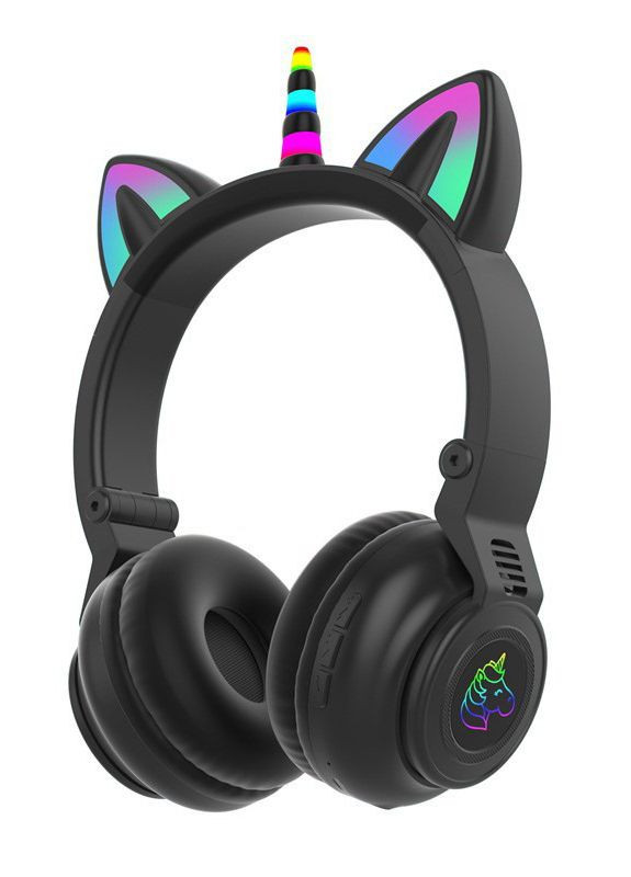 Детские беспроводные Bluetooth наушники единорог с кошачьими ушками и подсветкой cat ear STN-27 Черные No Brand (282627376)