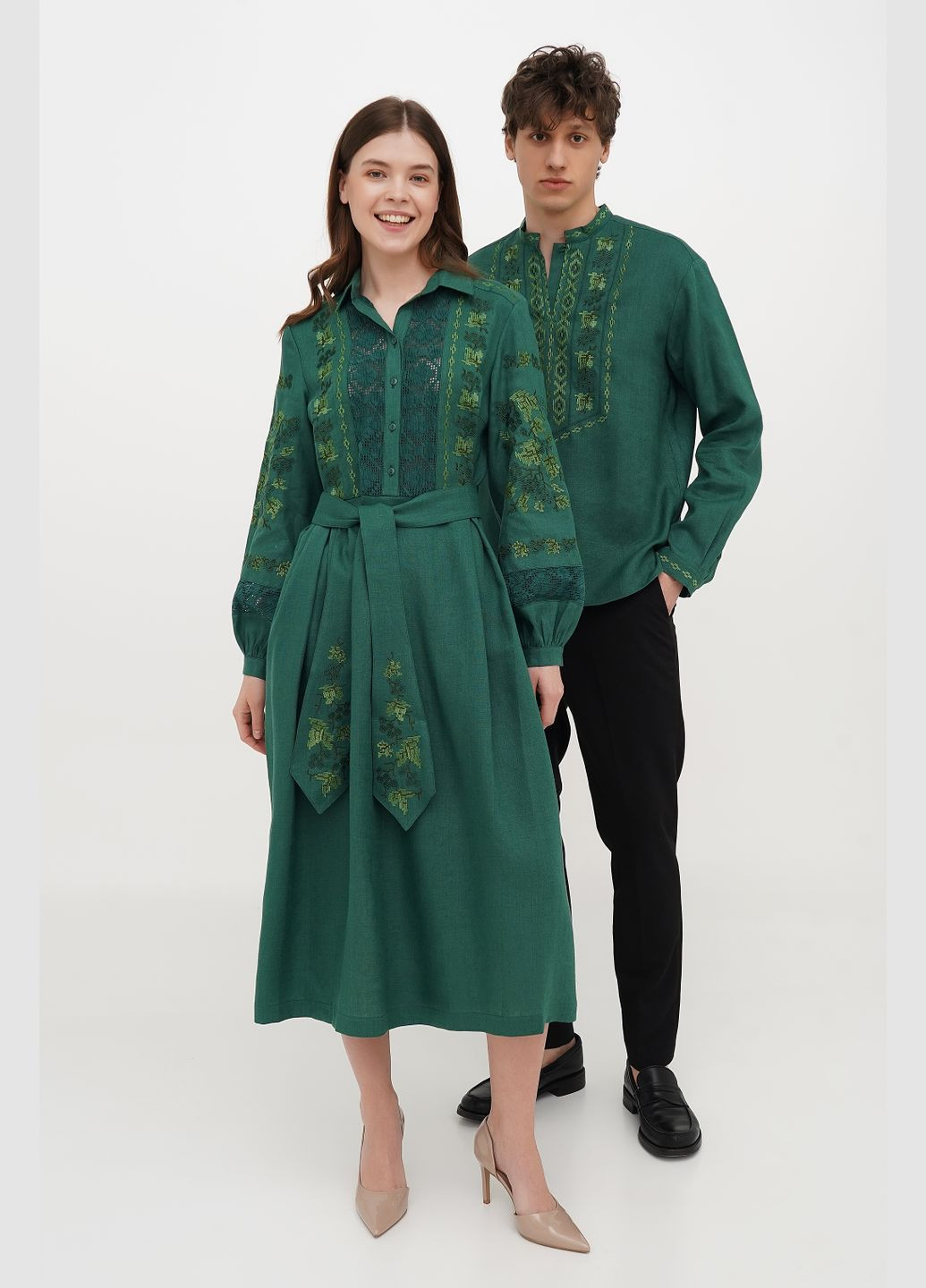 Зелена чоловіча вишиванка з рослинним орнаментом та калиною на ґудзику марко., р., код 9458/52/101 ГАЛЕРЕЯ ЛЬОНУ льон (333164748)