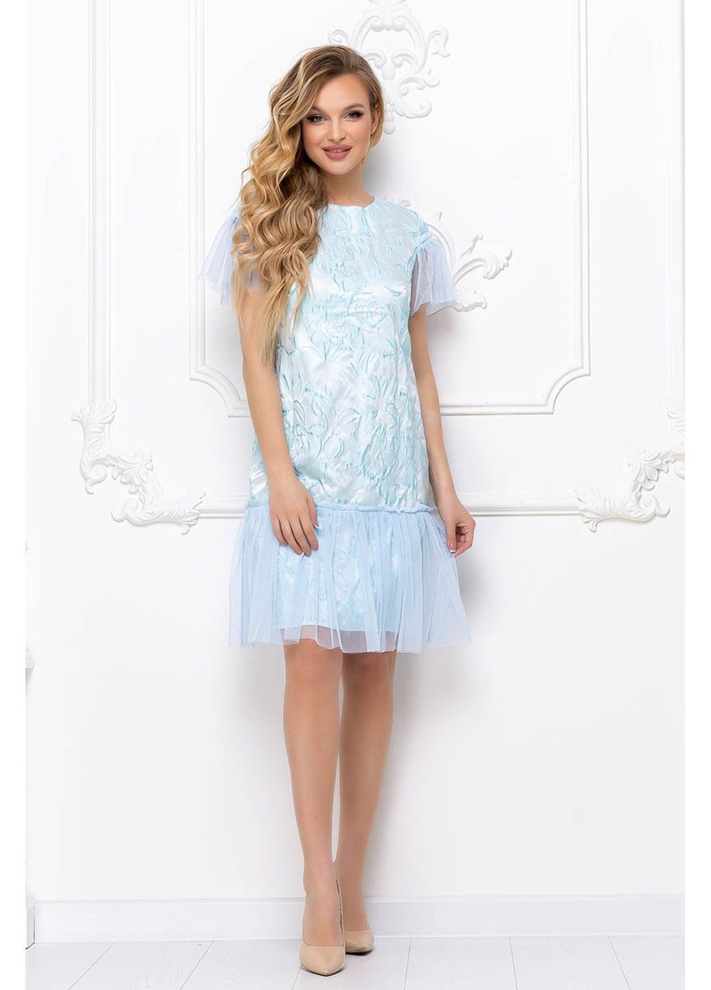 Голубое коктейльное платье жаккард парча 8074 голубое Tanita-Romario