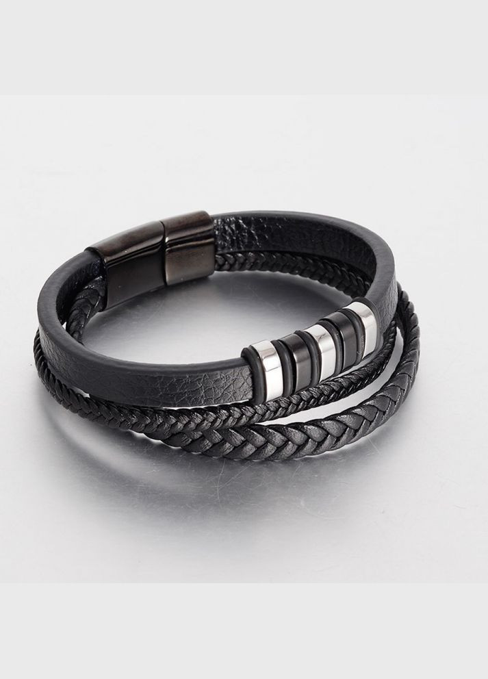 Чоловічий шкіряний браслет плетений, чорний зі сталевими вставками No Brand (328251217)