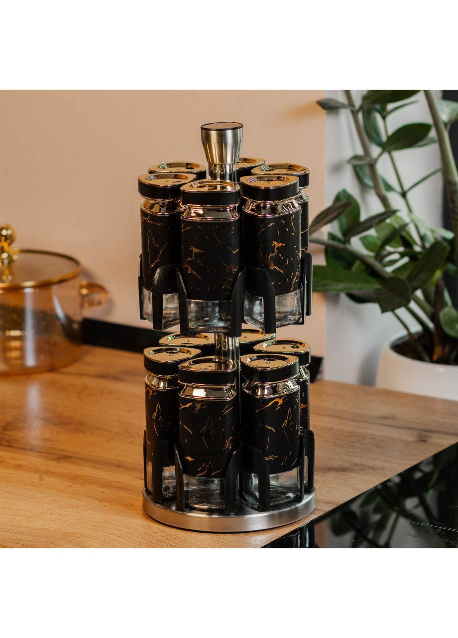 Набор для специй на подставке 12 баночек по 120 мл, Черный мрамор TS Kitchen (360456868)