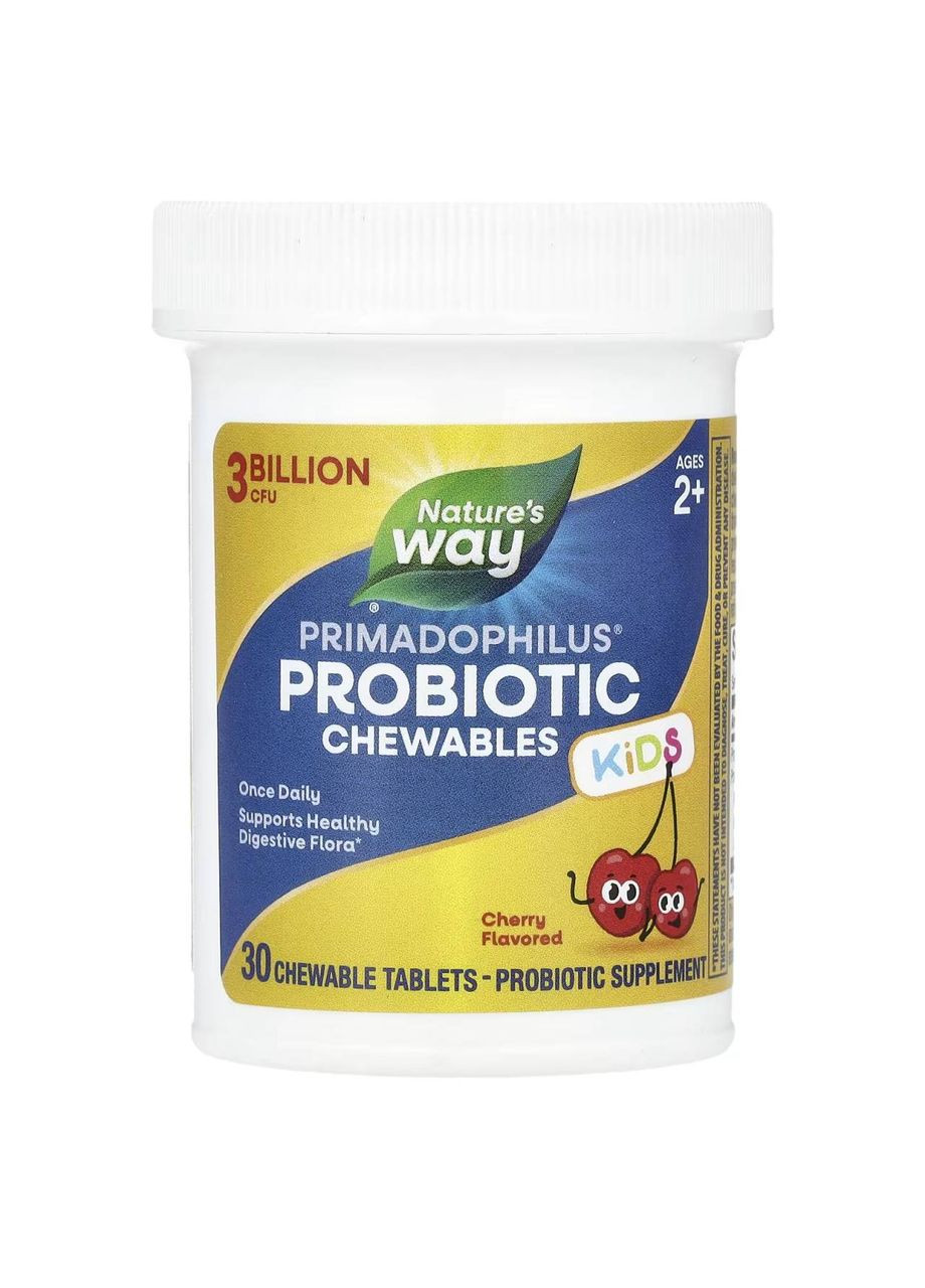 Primadophilus, жевательные пробиотики, для детей от 2 лет, с вишнёвым вкусом, 3 млрд КОЕ, 30 жевательных таблеток Nature's Way (361858756)