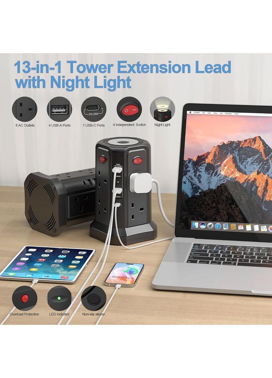 Башенный удлинитель со слотами USB 3м USB 20 Вт с подсветкой (13A 3250 Вт) английская розетка No Brand (356505579)