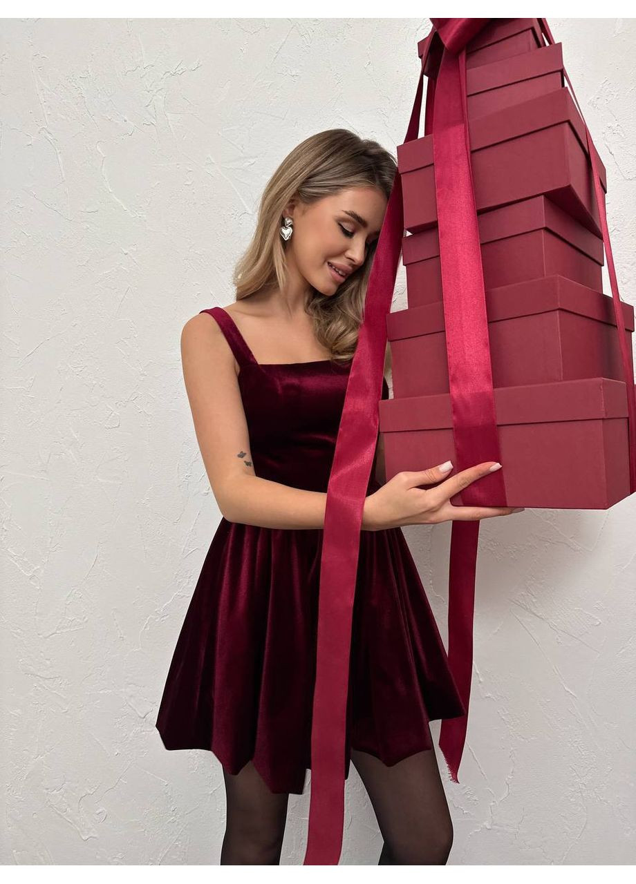 Бордовое праздничный, коктейльное, вечернее платье из бархата с баллон-юбкой на подкладке 💫💫💫 бэби долл Україна однотонное