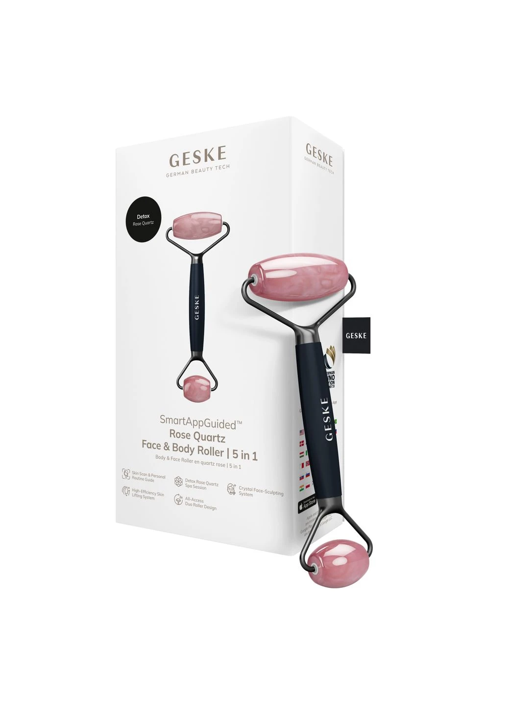 Ролер-масажер для обличчя та тіла з рожевим кварцом SmartAppGuided Rose Quartz Face & Body Roller 5in1 black GESKE (386418334)