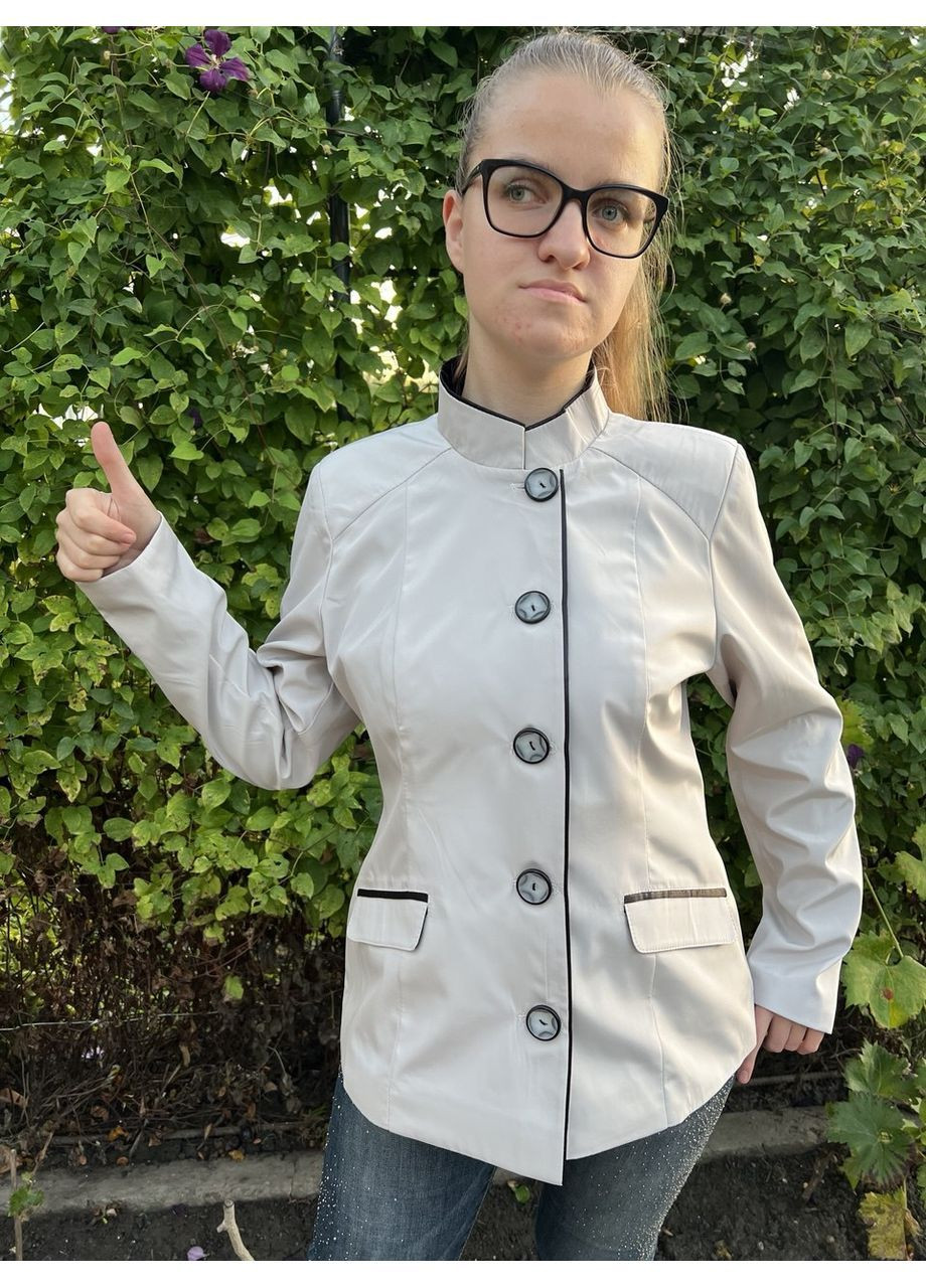 Світло-сірий двобортний приталений жіночий жакет-піджак з підкладкою з поясом з ґудзиками з кишенями з коміром-стійкою No Brand (362044342)