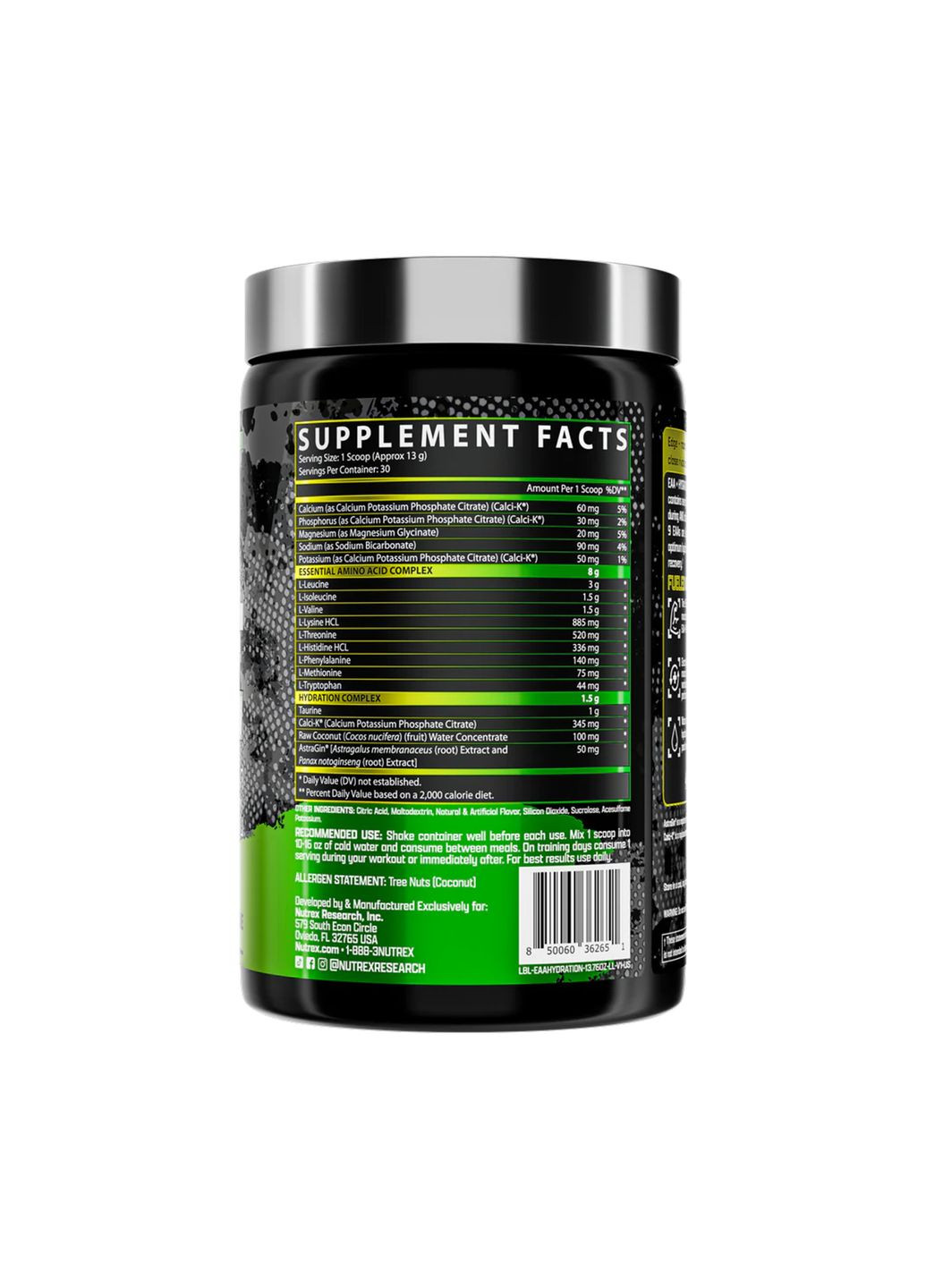 EAA Hydration 30srv Lemon Lime аминокислоты для восстановления мышц во время тренировок электролиты для гидратации Nutrex (368991521)