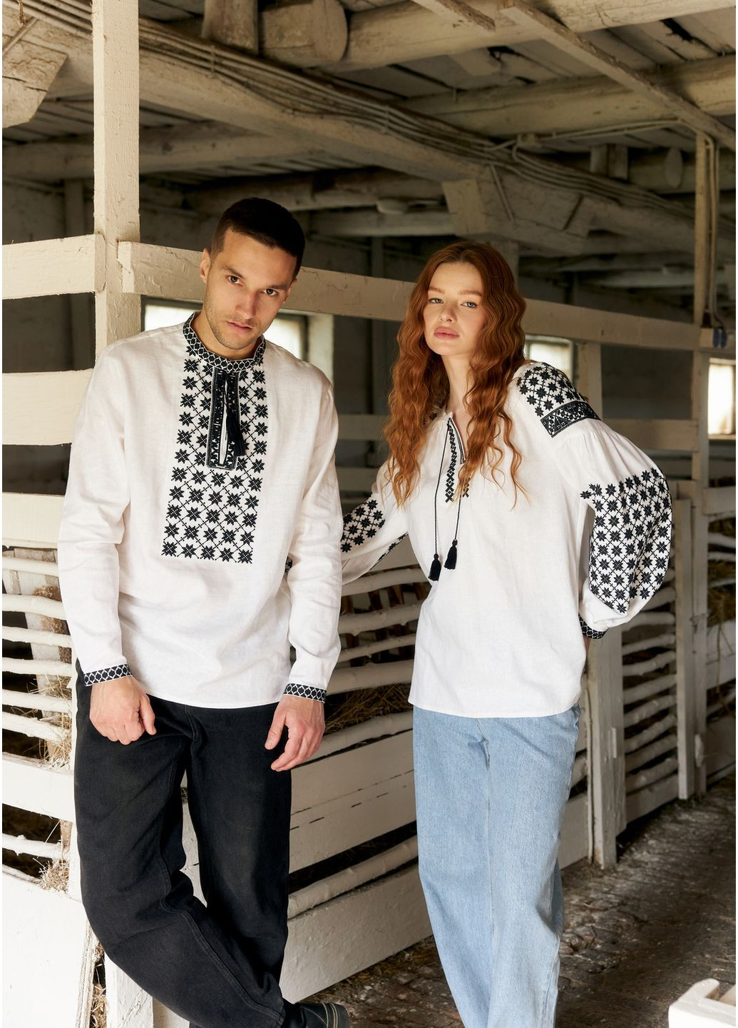 Молочная мужская льняная вышиванка несокрушимая с черным орнаментом MOTYV узор орнамент лен (360805167)