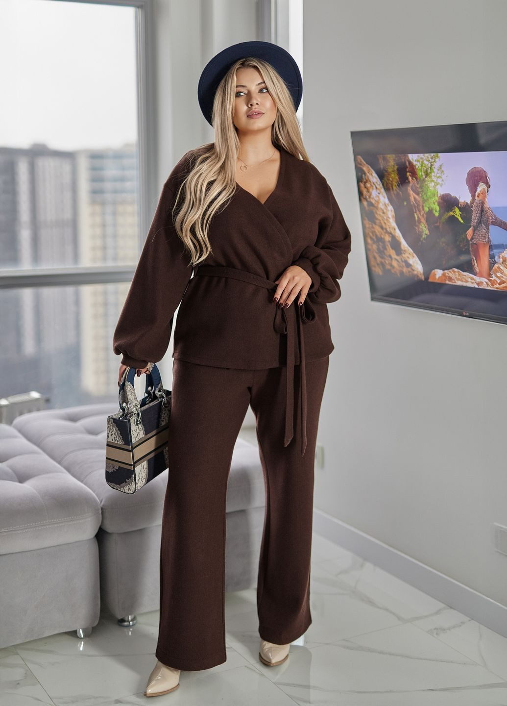 Костюм женский демисезонный оверсайз ангора-трикотаж с поясом (жакет + штаны) No Brand (365701184)