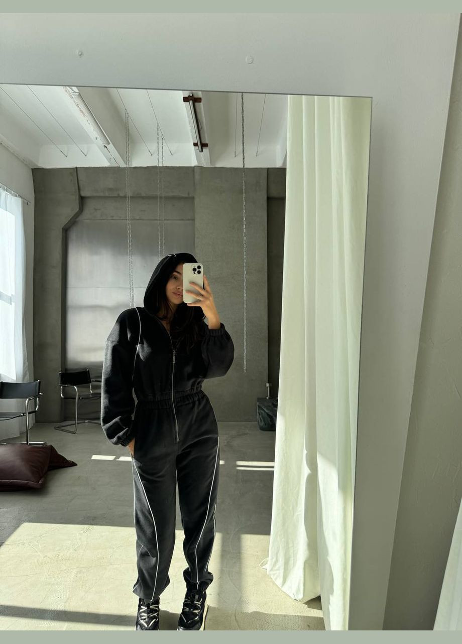 Комбинезон женский No Brand однотонный чёрный спортивный, повседневный, кэжуал, денил