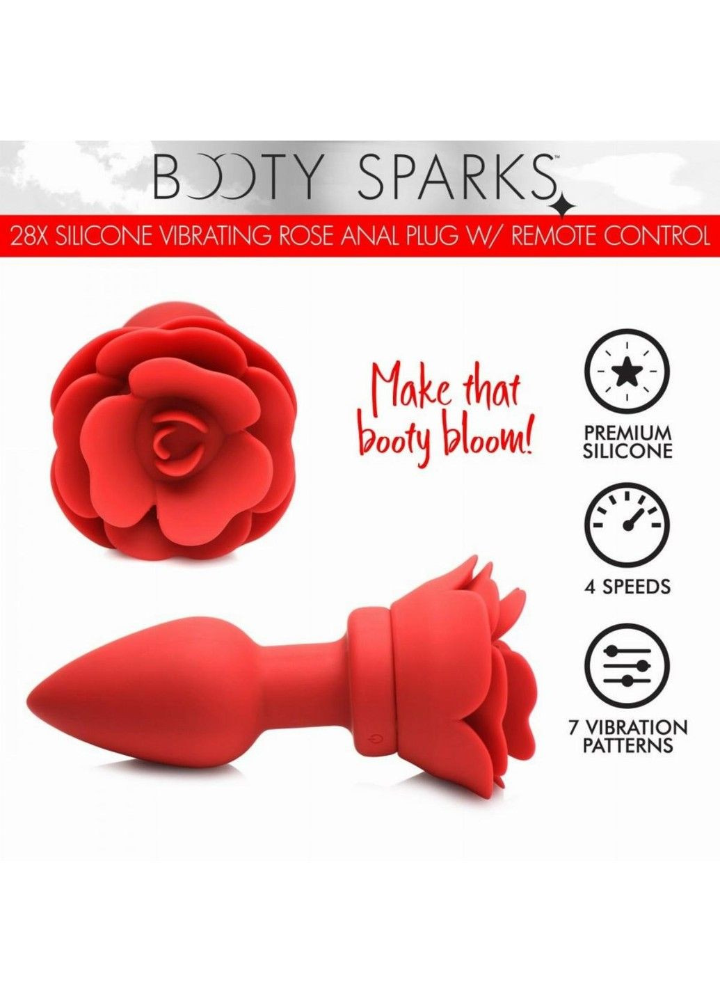 Анальна пробка з вібрацією та пультом Booty Sparks, зі стоппером у вигляді троянди, силіконова, червона XR Brands (290850599)
