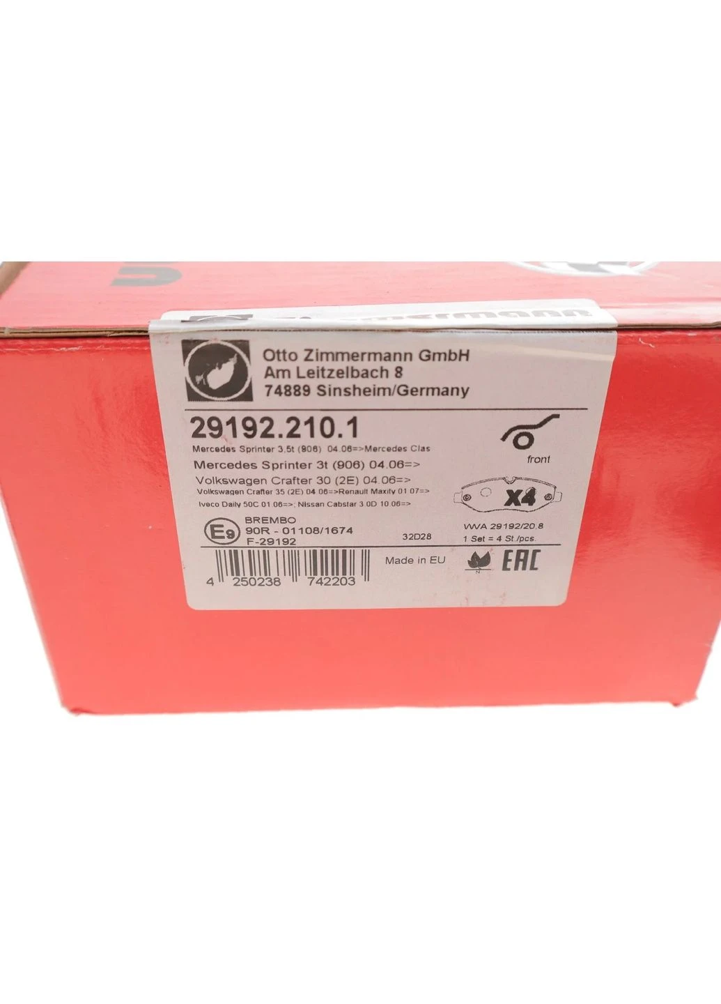 Колодки тормозные (передние) MB Sprinter (906)/Vito (W639) (Brembo) 29192.210.1 UA63 ZIMMERMANN (339644439)
