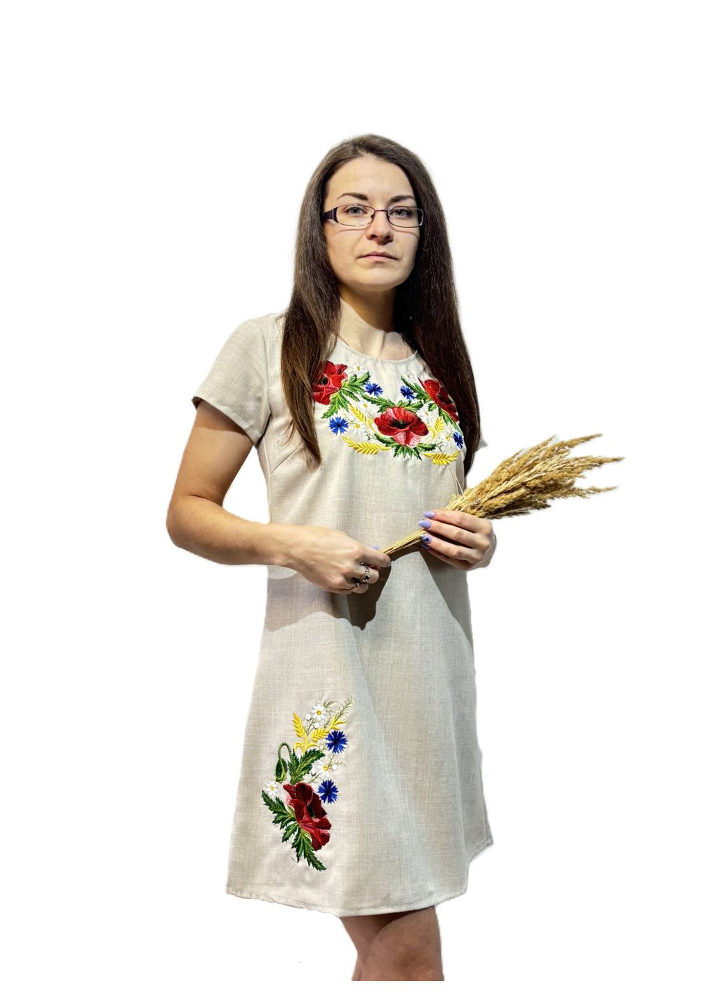 Бежевая женское вышитое платье половое бежевое НоКо узор цветочный свободная габардин (316649481)