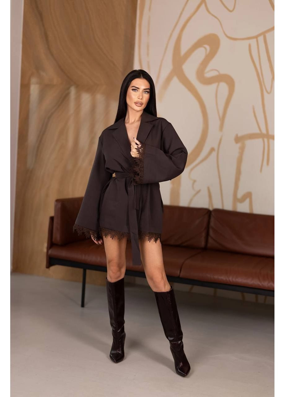 Коричнева святковий елегантна сукня-піджак з італійським мереживом — заміри в описі силуетна DK/DL Мода без кордонів однотонна